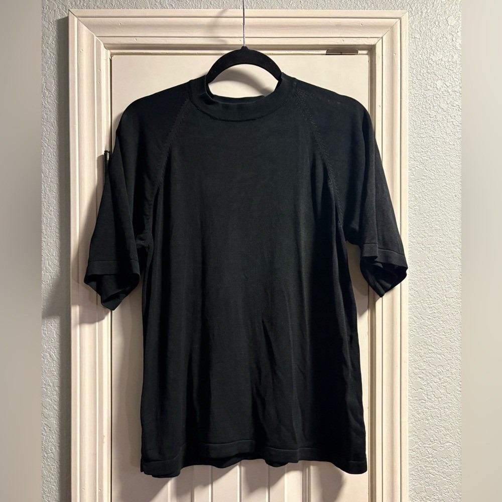 Tom James Silk Knit Sweater M Black Mock Neck Short‎ Sleeve Luxury Mens